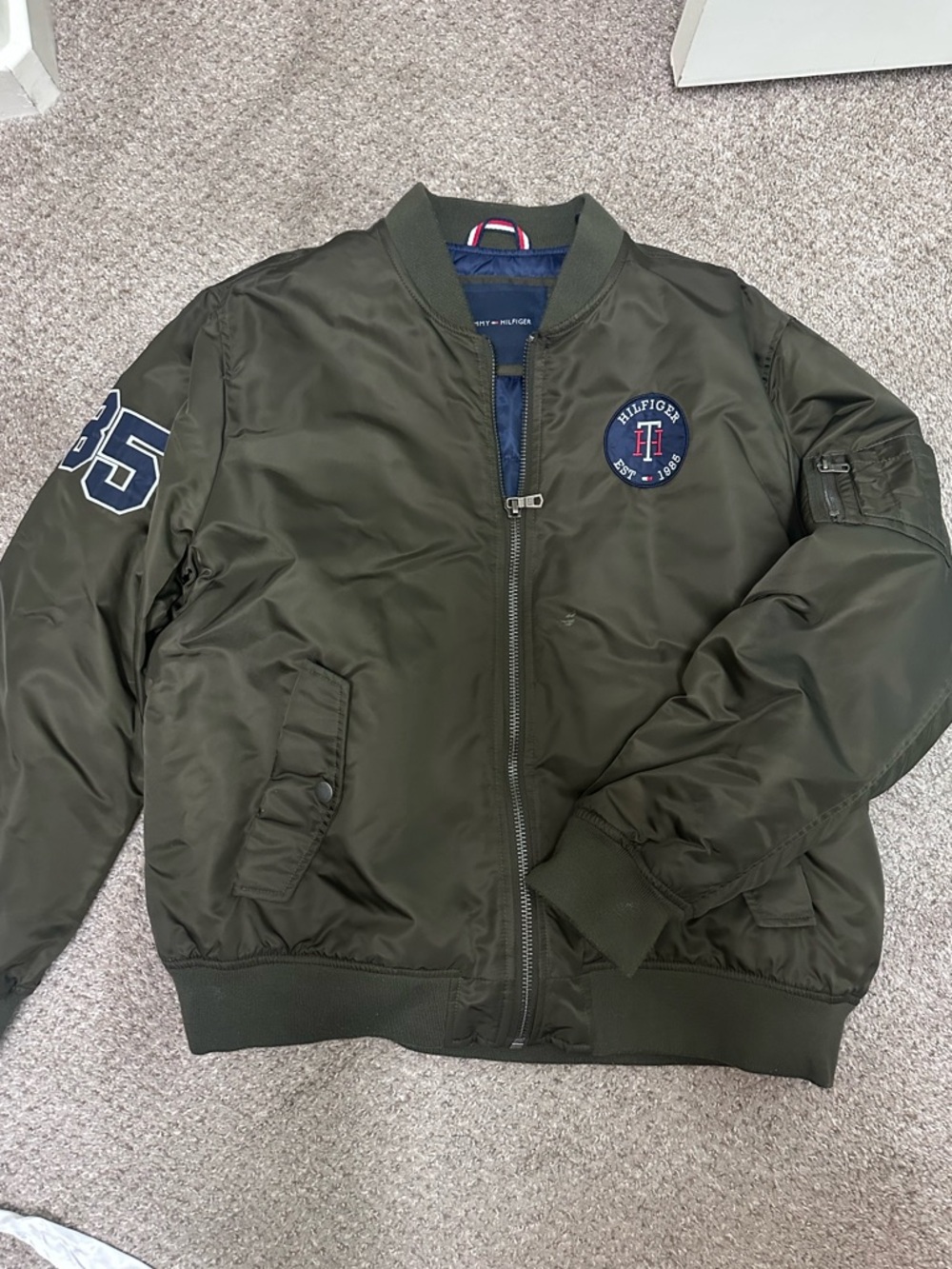 Tommy Hilfiger Olive Green Quilted Bomber Jacket with Signature Trim